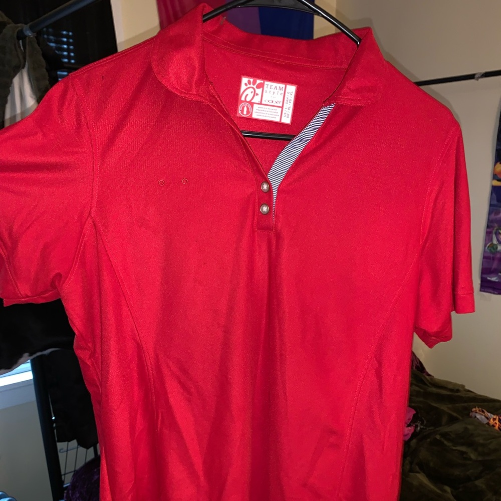 Red collar Chick Fil A shirt